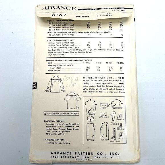 Advance Vintage 1950's Pattern #8167 Men's Sport Shirt Size Medium - Picture 6 of 6